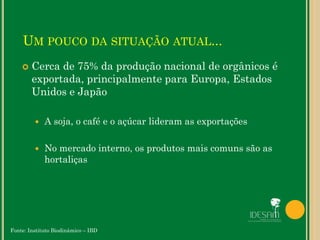 UM POUCO DA SITUAÇÃO ATUAL...
 Cerca de 75% da produção nacional de orgânicos é
exportada, principalmente para Europa, Estados
Unidos e Japão
 A soja, o café e o açúcar lideram as exportações
 No mercado interno, os produtos mais comuns são as
hortaliças
Fonte: Instituto Biodinâmico – IBD
 