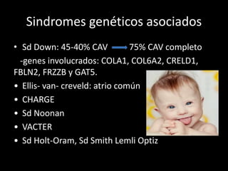 Sindromes genéticos asociados
• Sd Down: 45-40% CAV 75% CAV completo
-genes involucrados: COLA1, COL6A2, CRELD1,
FBLN2, FRZZB y GAT5.
• Ellis- van- creveld: atrio común
• CHARGE
• Sd Noonan
• VACTER
• Sd Holt-Oram, Sd Smith Lemli Optiz
 