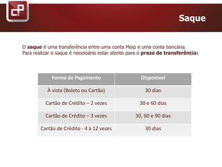 Saque
O saque é uma transferência entre uma conta Moip e uma conta bancária.
Para realizar o saque é necessário estar atento para o prazo de transferência:
Forma de Pagamento Disponível
À vista (Boleto ou Cartão) 30 dias
Cartão de Crédito – 2 vezes 30 e 60 dias
Cartão de Crédito – 3 vezes 30, 60 e 90 dias
Cartão de Crédito - 4 à 12 vezes 30 dias
 