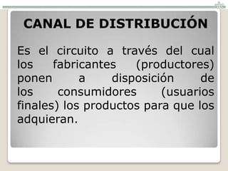 CANAL DE DISTRIBUCIÓN

Es el circuito a través del cual
los    fabricantes   (productores)
ponen       a    disposición     de
los     consumidores      (usuarios
finales) los productos para que los
adquieran.
 
