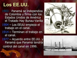 1903 - Panamá se independiza
de Colombia y firma con los
Estados Unidos de América
el Tratado Hay Bunau-Varilla
1904 – Los EEUU empieza el
trabajo en el canal.
1914 – Terminan el trabajo en
el canal.
1977 – Acuerdo entre EE.UU. y
Panamá que Panamá tendría
control del canal en 1999.
Los EE.UU.
 