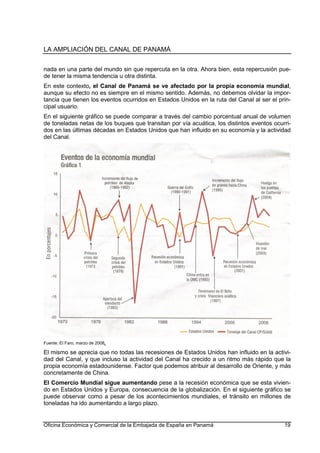 LA AMPLIACIÓN DEL CANAL DE PANAMÁ
Oficina Económica y Comercial de la Embajada de España en Panamá 19
nada en una parte del mundo sin que repercuta en la otra. Ahora bien, esta repercusión pue-
de tener la misma tendencia u otra distinta.
En este contexto, el Canal de Panamá se ve afectado por la propia economía mundial,
aunque su efecto no es siempre en el mismo sentido. Además, no debemos olvidar la impor-
tancia que tienen los eventos ocurridos en Estados Unidos en la ruta del Canal al ser el prin-
cipal usuario.
En el siguiente gráfico se puede comparar a través del cambio porcentual anual de volumen
de toneladas netas de los buques que transitan por vía acuática, los distintos eventos ocurri-
dos en las últimas décadas en Estados Unidos que han influido en su economía y la actividad
del Canal.
Fuente: El Faro, marzo de 2008.
El mismo se aprecia que no todas las recesiones de Estados Unidos han influido en la activi-
dad del Canal, y que incluso la actividad del Canal ha crecido a un ritmo más rápido que la
propia economía estadounidense. Factor que podemos atribuir al desarrollo de Oriente, y más
concretamente de China.
El Comercio Mundial sigue aumentando pese a la recesión económica que se esta vivien-
do en Estados Unidos y Europa, consecuencia de la globalización. En el siguiente gráfico se
puede observar como a pesar de los acontecimientos mundiales, el tránsito en millones de
toneladas ha ido aumentando a largo plazo.
 