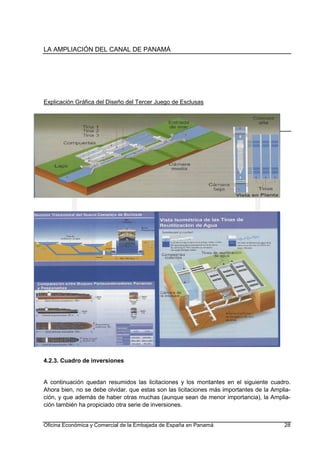 LA AMPLIACIÓN DEL CANAL DE PANAMÁ
Oficina Económica y Comercial de la Embajada de España en Panamá 28
Explicación Gráfica del Diseño del Tercer Juego de Esclusas
4.2.3. Cuadro de inversiones
A continuación quedan resumidos las licitaciones y los montantes en el siguiente cuadro.
Ahora bien, no se debe olvidar, que estas son las licitaciones más importantes de la Amplia-
ción, y que además de haber otras muchas (aunque sean de menor importancia), la Amplia-
ción también ha propiciado otra serie de inversiones.
 