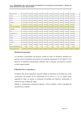 PERFIL "MEJORAMIENTO DEL CANAL DE RIEGO SAN FRANCISCO EN LA LOCALIDAD DE SAN FRANCISCO - DISTRITO DE
CASMA- PROVINCIA DE CASMA - REGION ANCASH”
Página 73
Maiz Amarillo Duro 387,760.30 387,760.30 387,760.30 387,760.30 387,760.30 387,760.30 387,760.30 387,760.30 387,760.30 387,760.30
Algodón 352,460.70 352,460.70 352,460.70 352,460.70 352,460.70 352,460.70 352,460.70 352,460.70 352,460.70 352,460.70
Marigold 269,547.28 269,547.28 269,547.28 269,547.28 269,547.28 269,547.28 269,547.28 269,547.28 269,547.28 269,547.28
Camote 285,864.27 285,864.27 285,864.27 285,864.27 285,864.27 285,864.27 285,864.27 285,864.27 285,864.27 285,864.27
Aji Paprika 595,052.64 595,052.64 595,052.64 595,052.64 595,052.64 595,052.64 595,052.64 595,052.64 595,052.64 595,052.64
Frijol 220,839.08 220,839.08 220,839.08 220,839.08 220,839.08 220,839.08 220,839.08 220,839.08 220,839.08 220,839.08
Valor neto de la producción 3,237,699.82 3,237,699.82 3,237,699.82 3,237,699.82 3,237,699.82 3,237,699.82 3,237,699.82 3,237,699.82 3,237,699.82 3,237,699.82
Cultivo Base 3,237,699.82 3,237,699.82 3,237,699.82 3,237,699.82 3,237,699.82 3,237,699.82 3,237,699.82 3,237,699.82 3,237,699.82 3,237,699.82
Arroz 99,746.92 99,746.92 99,746.92 99,746.92 99,746.92 99,746.92 99,746.92 99,746.92 99,746.92 99,746.92
Maiz Amarillo Duro 104,090.26 104,090.26 104,090.26 104,090.26 104,090.26 104,090.26 104,090.26 104,090.26 104,090.26 104,090.26
Algodón 414,746.15 414,746.15 414,746.15 414,746.15 414,746.15 414,746.15 414,746.15 414,746.15 414,746.15 414,746.15
Marigold 1,444,455.92 1,444,455.92 1,444,455.92 1,444,455.92 1,444,455.92 1,444,455.92 1,444,455.92 1,444,455.92 1,444,455.92 1,444,455.92
Camote 293,901.02 293,901.02 293,901.02 293,901.02 293,901.02 293,901.02 293,901.02 293,901.02 293,901.02 293,901.02
Aji Paprika 662,859.48 662,859.48 662,859.48 662,859.48 662,859.48 662,859.48 662,859.48 662,859.48 662,859.48 662,859.48
Frijol 217,900.08 217,900.08 217,900.08 217,900.08 217,900.08 217,900.08 217,900.08 217,900.08 217,900.08 217,900.08
Factor de actualización (10%) 0.909 0.826 0.751 0.683 0.621 0.564 0.513 0.467 0.424 0.386
Valor actual neto del VNP 2,943,363.48 2,675,784.98 2,432,531.80 2,211,392.54 2,010,356.86 1,827,597.14 1,661,451.95 1,510,410.86 1,373,100.78 1,248,273.44 19,894,263.84
Beneficios Incrementales
Los beneficios incrementales del proyecto resultan de restar los beneficios obtenidos con
proyecto menos los beneficios sin proyecto por el período considerado. En el Cuadro N° 22 se
observan los Beneficios Incrementales obtenidos para la situación con proyecto a precios
sociales respectivamente.
El Beneficio De Los Agricultores
El Ingreso Neto de los agricultores mejorará, debido al incremento de la producción, como
consecuencia del aumento de los rendimientos de los cultivos y a la vez tendrá mayor
seguridad de riego, así mismo; se eliminarán las pérdidas por filtración, beneficiando al
sistema de riego en épocas de estiaje.
Además se Incrementara la producción agrícola; a fin de contribuir a cubrir la demanda del
mercado local y regional.
 