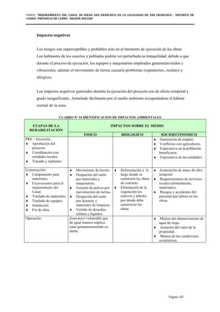 PERFIL "MEJORAMIENTO DEL CANAL DE RIEGO SAN FRANCISCO EN LA LOCALIDAD DE SAN FRANCISCO - DISTRITO DE
CASMA- PROVINCIA DE CASMA - REGION ANCASH”
Página 85
Impactos negativos
Los riesgos son imperceptibles y probables solo en el momento de ejecución de las obras.
Los habitantes de los caseríos y poblados podrán ver perturbada su tranquilidad, debido a que
durante el proceso de ejecución, los equipos y maquinarias empleados generarían ruidos y
vibraciones, además el movimiento de tierras causaría problemas respiratorios, oculares y
alérgicos.
Los impactos negativos generados durante la ejecución del proyecto son de efecto temporal y
grado insignificante. Asimilado fácilmente por el medio ambiente recuperándose el hábitat
normal de la zona.
CUADRO Nº 34 IDENTIFICACION DE IMPACTOS AMBIENTALES
ETAPAS DE LA
REHABILITACION
IMPACTOS SOBRE EL MEDIO
FISICO BIOLOGICO SOCIOECONOMICO
PRE – Inversión:
♦ Aprobación del
proyecto
♦ Coordinación con
entidades locales.
♦ Trazado y replanteo
♦ Generación de empleo.
♦ Conflictos con agricultores.
♦ Expectativa en la población
beneficiaria.
♦ Expectativa de las entidades.
Construcción:
♦ Campamento para
materiales.
♦ Excavaciones para el
mejoramiento del
Canal.
♦ Traslado de materiales.
♦ Traslado de equipos.
♦ Instalación.
♦ Fin de obra.
♦ Movimiento de tierras.
♦ Ocupación del suelo
por materiales y
maquinarias.
♦ Emisión de polvos por
movimientos de tierras.
♦ Ocupación del suelo
por desmote y
materiales de limpieza.
♦ Vertido de desechos
sólidos y líquidos.
♦ Deforestación a lo
largo donde se
construirá las obras
de concreto.
♦ Eliminación de la
vegetación los
cultivos y árboles
por donde debe
construirse las
obras
♦ Generación de mano de obra
temporal.
♦ Requerimientos de servicios
locales (alimentación,
materiales).
♦ Riesgos y accidentes del
personal que labora en las
obras.
Operación: Zona poco vulnerable que
de igual manera implica
estar permanentemente en
alerta.
♦ Mejora del abastecimiento de
agua de riego.
♦ Aumento del valor de la
propiedad.
♦ Mejora de las condiciones
económicas.
 