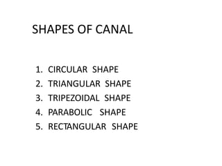 SHAPES OF CANAL
1. CIRCULAR SHAPE
2. TRIANGULAR SHAPE
3. TRIPEZOIDAL SHAPE
4. PARABOLIC SHAPE
5. RECTANGULAR SHAPE
 