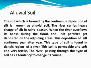Alluvial Soil
The soil which is formed by the continuous deposition of
silt is known as alluvial soil. The river carries heavy
charge of silt in rainy season. When the river overflows
its banks during the flood, the silt particles get
deposited on the adjoining areas. This deposition of silt
continues year after year. This type of soil is found in
deltaic region of a river. This soil is permeable and soft
and very fertile. The river passing through this type of
soil has a tendency to change its course.
 