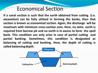 Cutting Area Balancingdepth
Economical Section
If a canal section is such that the earth obtained from cutting (i.e.
excavation) can be fully utilized in forming the banks, then that
section is known as economical section. Again, the discharge will be
maximum with minimum cross-section area. Here, no extra earth is
required from borrow pit and no earth is in excess to form the spoil
bank. This condition can only arise in case of partial cutting and
partial banking. Sometimes, this condition is designated as
balancing of cutting and banking. Here, the depth of cutting is
called balancingdepth.
Filling Area
 