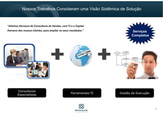 Consultores
Especialistas
Ferramentas TI Gestão da Execução
Serviços
Completos
“Aliamos Serviços de Consultoria de Vendas, com TI e o Capital
Humano dos nossos clientes, para ampliar os seus resultados.”
Nossos Trabalhos Consideram uma Visão Sistêmica de Solução
4
 