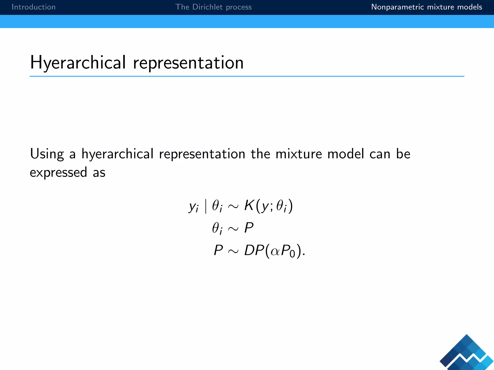 Introduction The Dirichlet process Nonparametric mixture models
Hyerarchical representation
Using a hyerarchical representation the mixture model can be
expressed as
yi | θi ∼ K(y; θi )
θi ∼ P
P ∼ DP(αP0).
 
