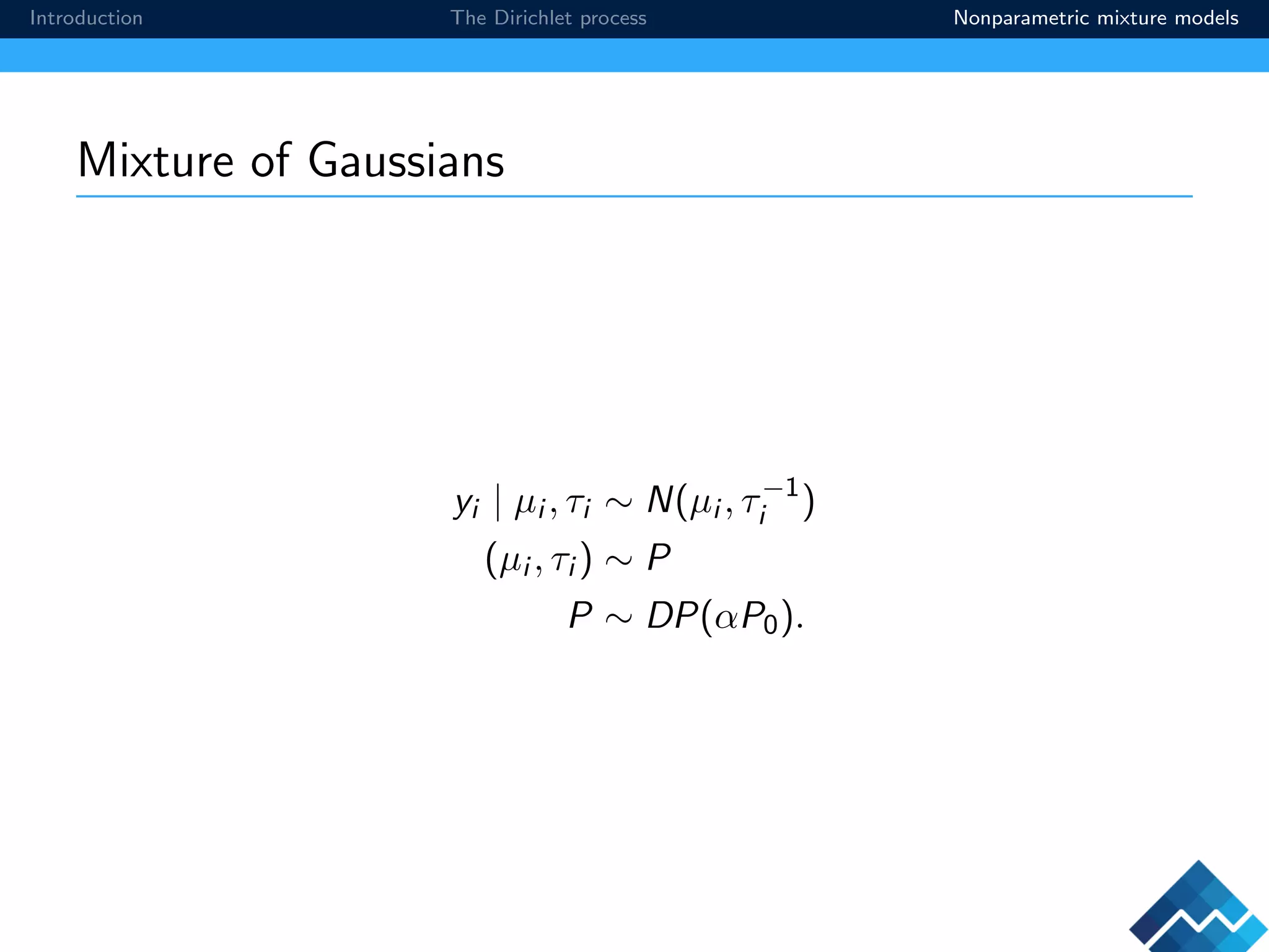 Introduction The Dirichlet process Nonparametric mixture models
Mixture of Gaussians
yi | µi , τi ∼ N(µi , τ−1
i )
(µi , τi ) ∼ P
P ∼ DP(αP0).
 