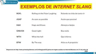 Disponível em:http://www.primewayidiomas.com.br/blog/post/22-girias-em-ingles-usadas-na-internet-8Acesso em 21 de junho de
2020.
10
EXEMPLOS DE INTERNET SLANG
 