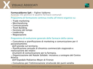 Farmavaldarno SpA - Figline Valdarno
Azienda che gestisce le quattro farmacie comunali
Programma di formazione continua rivolta all’intero organico su:
- Trade marketing
- Merchandising
- Comunicazione
- Team Building
- Gestione del tempo
- Leadership
- Negoziazione
Programma di evoluzione generale delle farmacie della catena
- Consulenza e pianiﬁcazione di marketing e comunicazione per il
posizionamento
 dell’azienda sul territorio.
- Pianiﬁcazione annuale di dinamica commerciale stagionale e
realizzazione dei relativi
 strumenti di comunicazione per la farmacia.
- Organizzazione del Natale Solidale: iniziativa a sostegno del Centro
Ricerca
 dell’Ospedale Pediatrico Meyer di Firenze
- Consulenza per l’ottimizzazione strutturale dei punti vendita
 2010 All rights relating to this presentation are the property of Visuale Associati Milano
 