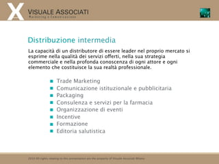 Distribuzione intermedia
La capacità di un distributore di essere leader nel proprio mercato si
esprime nella qualità dei servizi offerti, nella sua strategia
commerciale e nella profonda conoscenza di ogni attore e ogni
elemento che costituisce la sua realtà professionale.

                      Trade Marketing
                      Comunicazione istituzionale e pubblicitaria
                      Packaging
                      Consulenza e servizi per la farmacia
                      Organizzazione di eventi
                      Incentive
                      Formazione
                      Editoria salutistica



2010 All rights relating to this presentation are the property of Visuale Associati Milano
 