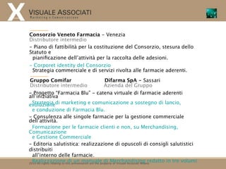 Consorzio Veneto Farmacia - Venezia
Distributore intermedio
- Piano di fattibilità per la costituzione del Consorzio, stesura dello
Statuto e
 pianiﬁcazione dell’attività per la raccolta delle adesioni.
- Corporet identity del Consorzio
 Strategia commerciale e di servizi rivolta alle farmacie aderenti.

 Gruppo Comifar                                          Difarma SpA - Sassari
 Distributore intermedio                                 Azienda del Gruppo
- Progetto “Farmacia Blu” - catena virtuale di farmacie aderenti
all’iniziativa
evoluzionedi marketing e comunicazione a sostegno di lancio,
  Strategia
  e conduzione di Farmacia Blu.
- Consulenza alle singole farmacie per la gestione commerciale
dell’attività.
  Formazione per le farmacie clienti e non, su Merchandising,
Comunicazione
  e Gestione Commerciale
- Editoria salutistica: realizzazione di opuscoli di consigli salutistici
distribuiti
  all’interno delle farmacie.
  Realizzazione di un manuale di Merchandising redatto in tre volumi
2010 All rights relating to this presentation are the property of Visuale Associati Milano
 
