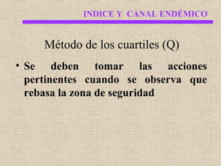 INDICE Y CANAL ENDÉMICO

Método de los cuartiles (Q)
• Se deben tomar las acciones
pertinentes cuando se observa que
rebasa la zona de seguridad

 