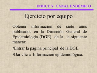 INDICE Y CANAL ENDÉMICO

Ejercicio por equipo
Obtener información de siete años
publicados en la Dirección General de
Epidemiologia (DGE) de la la siguiente
manera:
•Entrar la pagina principal de la DGE.
•Dar clic a Información epidemiológica.

 