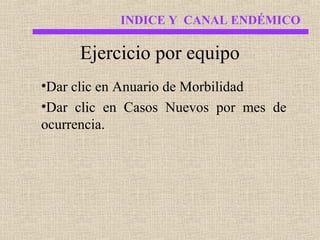 INDICE Y CANAL ENDÉMICO

Ejercicio por equipo
•Dar clic en Anuario de Morbilidad
•Dar clic en Casos Nuevos por mes de
ocurrencia.

 