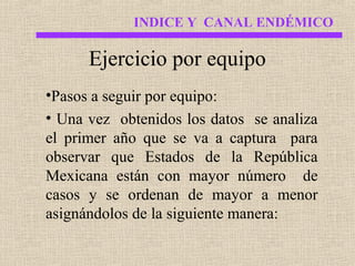 INDICE Y CANAL ENDÉMICO

Ejercicio por equipo
•Pasos a seguir por equipo:
• Una vez obtenidos los datos se analiza
el primer año que se va a captura para
observar que Estados de la República
Mexicana están con mayor número de
casos y se ordenan de mayor a menor
asignándolos de la siguiente manera:

 