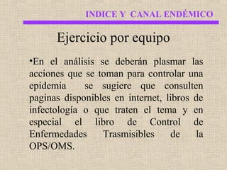 INDICE Y CANAL ENDÉMICO

Ejercicio por equipo
•En el análisis se deberán plasmar las
acciones que se toman para controlar una
epidemia
se sugiere que consulten
paginas disponibles en internet, libros de
infectología o que traten el tema y en
especial el libro de Control de
Enfermedades
Trasmisibles
de
la
OPS/OMS.

 