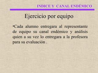 INDICE Y CANAL ENDÉMICO

Ejercicio por equipo
•Cada alumno entregara al representante
de equipo su canal endémico y análisis
quien a su vez lo entregara a la profesora
para su evaluación .

 