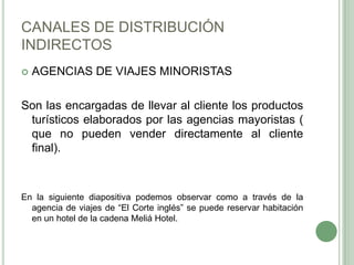 CANALES DE DISTRIBUCIÓN
INDIRECTOS
 AGENCIAS DE VIAJES MINORISTAS
Son las encargadas de llevar al cliente los productos
turísticos elaborados por las agencias mayoristas (
que no pueden vender directamente al cliente
final).
En la siguiente diapositiva podemos observar como a través de la
agencia de viajes de “El Corte inglés” se puede reservar habitación
en un hotel de la cadena Meliá Hotel.
 