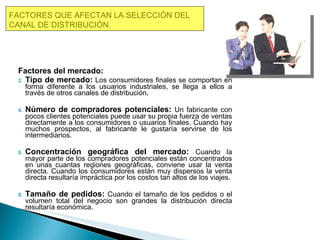 FACTORES QUE AFECTAN LA SELECCIÓN DEL CANAL DE DISTRIBUCIÓN. Factores del mercado:   Tipo de mercado:   Los consumidores finales se comportan en forma diferente a los usuarios industriales, se llega a ellos a través de otros canales de distribución . Número de compradores potenciales:   Un fabricante con pocos clientes potenciales puede usar su propia fuerza de ventas directamente a los consumidores o usuarios finales. Cuando hay muchos prospectos, al fabricante le gustaría servirse de los intermediarios. Concentración geográfica del mercado:   Cuando la mayor parte de los compradores potenciales están concentrados en unas cuantas regiones geográficas, conviene usar la venta directa. Cuando los consumidores están muy dispersos la venta directa resultaría impráctica por los costos tan altos de los viajes. Tamaño de pedidos:   Cuando el tamaño de los pedidos o el volumen total del negocio son grandes la distribución directa resultaría económica. 