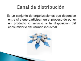 Es un conjunto de organizaciones que dependen
 entre sí y que participan en el proceso de poner
 un producto o servicio a la disposición del
 consumidor o del usuario industrial
 