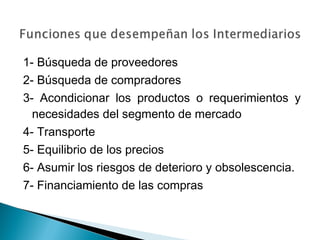 1- Búsqueda de proveedores
2- Búsqueda de compradores
3- Acondicionar los productos o requerimientos y
  necesidades del segmento de mercado
4- Transporte
5- Equilibrio de los precios
6- Asumir los riesgos de deterioro y obsolescencia.
7- Financiamiento de las compras
 