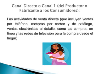 Las actividades de venta directa (que incluyen ventas
por teléfono, compras por correo y de catálogo,
ventas electrónicas al detalle, como las compras en
línea y las redes de televisión para la compra desde el
hogar)
 