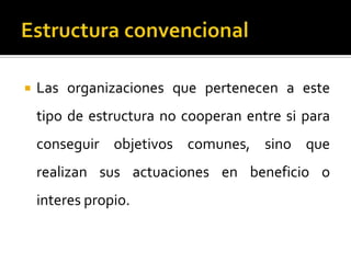  Las organizaciones que pertenecen a este
tipo de estructura no cooperan entre si para
conseguir objetivos comunes, sino que
realizan sus actuaciones en beneficio o
interes propio.
 
