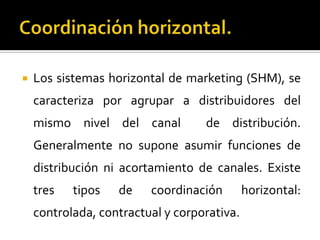  Los sistemas horizontal de marketing (SHM), se
caracteriza por agrupar a distribuidores del
mismo nivel del canal de distribución.
Generalmente no supone asumir funciones de
distribución ni acortamiento de canales. Existe
tres tipos de coordinación horizontal:
controlada, contractual y corporativa.
 