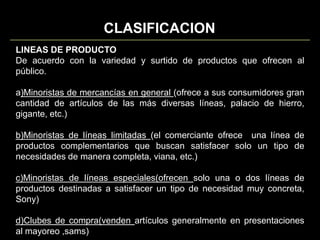 Talento administrativo para una buena distribuciónCLASIFICACION DE LOS  INTERMEDIARIOSSERVICIO DE MERCANCIA EN GENERALSERVICIO COMPLETOLINEA LIMITADAMAYORISTASMAYORISTAS DE PAGO SIN ENTREGA MAYORISTAS QUE VENDEN A TRAVES DE CAMIONESSERVICIO LIMITADOVENDEDORES EN EXHIBIDORES O ESTANTES