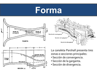 Forma
La canaleta Parshall presenta tres
zonas o secciones principales:
• Sección de convergencia.
• Sección de la garganta.
• Sección de divergencia.
 