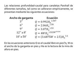 Las relaciones profundidad-caudal para canaletas Parshall de
diferentes tamaños, tal como se calibraron empíricamente, se
presentan mediante las siguientes ecuaciones:
En las ecuaciones anteriores Q es el caudal libre en pies3/s, W es
el ancho de la garganta en pies y Ha es la lectura de la mira de
aforo en pies.
 
