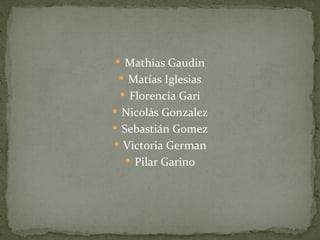  Mathias Gaudin
  Matías Iglesias
  Florencia Gari
 Nicolás Gonzalez
 Sebastián Gomez
 Victoria German
   Pilar Garino
 