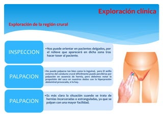 Exploración de la región crural
Exploración clínica
•Nos puede orientar en pacientes delgados, por
el relieve que aparecerá en dicha zona tras
hacer toser al paciente.
INSPECCION
•No puede palparse tan bien como la inguinal, pero El anillo
externo del conducto crural difícilmente puede percibirse por
palpación en ausencia de hernia, pero debemos notar la
propulsión del saco en nuestros dedos con la hiperpresión
abdominal provocada, si la hay.
PALPACION
•Es más clara la situación cuando se trata de
hernias incarceradas o estranguladas, ya que se
palpan con una mayor facilidad.PALPACION
 