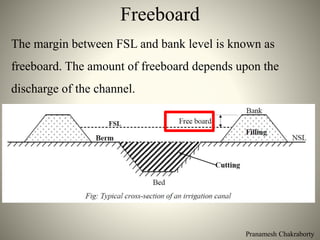 Pranamesh Chakraborty
Freeboard
The margin between FSL and bank level is known as
freeboard. The amount of freeboard depends upon the
discharge of the channel.
 
