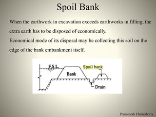 Pranamesh Chakraborty
Spoil Bank
When the earthwork in excavation exceeds earthworks in filling, the
extra earth has to be disposed of economically.
Economical mode of its disposal may be collecting this soil on the
edge of the bank embankment itself.
 