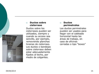  Ductos sobre 
cielorraso 
Ductos sobre los 
cielorrasos pueden ser 
utilizados, siempre y 
cuando su acceso sea 
sencillo, por ejemplo, 
removiendo planchas 
livianas de cielorraso. 
Los ductos o bandejas 
sobre cielorraso deben 
estar adecuadamente 
fijados al techo, por 
medio de colgantes. 
 Ductos 
perimetrales 
Los ductos perimetrales 
pueden ser usados para 
llegar con el cableado 
horizontal hasta las 
áreas de trabajo, en 
caso de oficinas 
cerradas o tipo “boxes” 
09/09/2014 15 
 