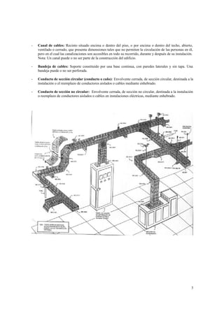 -

Canal de cables: Recinto situado encima o dentro del piso, o por encima o dentro del techo, abierto,
ventilado o cerrado, que presenta dimensiones tales que no permiten la circulación de las personas en él,
pero en el cual las canalizaciones son accesibles en todo su recorrido, durante y después de su instalación.
Nota: Un canal puede o no ser parte de la construcción del edificio.

-

Bandeja de cables: Soporte constituido por una base continua, con paredes laterales y sin tapa. Una
bandeja puede o no ser perforada.

-

Conducto de sección circular (conducto o caño): Envolvente cerrada, de sección circular, destinada a la
instalación o el reemplazo de conductores aislados o cables mediante enhebrado.

-

Conducto de sección no circular: Envolvente cerrada, de sección no circular, destinada a la instalación
o reemplazo de conductores aislados o cables en instalaciones eléctricas, mediante enhebrado.

3

 