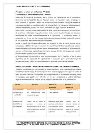 MUNICIPALIDAD DISTRITAL DE COCHABAMBA
PIP: “MEJORAMIENTO DEL SERVICIO DE AGUA PARA RIEGO DEL CANAL GARBANZO -
MIRAMAR, EN EL C.P. MIRAMAR, DISTRITO DE COCHABAMBA HUARAZ – ANCASH”
Población y Zona de Influencia Afectada
Características de los Beneficiarios Directos
Dentro de la provincia de Huaraz, en el Distrito de Cochabamba, en la Comunidad
Campesina de Cochabamba, Caserio Miramar, según la inspección ocular en campo se
pudo observar lo siguiente: dentro de los servicio básicos cuenta con Agua Potable de
manera parcial, Luz, no cuenta con obras de alcantarillado y el transporte público se da de
manera intermitente, cuenta con trocha carrozable que llega al caserío de Miramar.
Dentro de la construcción de sus viviendas se tiene, construcciones de concreto, cobertura
de calaminas y aligerados respectivamente; tienen un nivel cultural bajo, sus ingresos
económicos se deben fundamentalmente a la agricultura, y en segundo orden a la
ganadería, por lo que sus ingresos percibidos son escasos por la baja producción y venta
de sus productos. Mayormente de consumo directo.
Desde el pueblo de Cochabamba al lugar del proyecto se llega a través de una trocha
carrozable a 1.20 hora de viaje en vehículo. En todo el recorrido del trazo del canal, existen
zonas inestables por donde podrían ocurrir asentamientos, derrumbes o deslizamientos
además en la zona de captación por la misma crecida del Río, en la época de avenida
pueden afectar las estructuras planteadas.
La Sostenibilidad del proyecto se basa en la producción de 51 Has por lo que la visión
dependerá de la capacidad de organización y asociación para aprovechar mejor los
recursos de agua y suelo, así como la asistencia técnica y crediticia que propone.
PARTICIPACION DE LAS ENTIDADES INVOLUCRADAS Y DE LOS BENEFICIARIOS.
Todas las entidades antes mencionadas se encuentran llanos en la colaboración para lograr
los objetivos planteados y de suma urgencia para el sector agropecuario y para el sector de
riego MIRAMAR CASERIO DE MIRAMAR, no existiendo conflicto de intereses entre las partes
involucradas, solo queda unir esfuerzos en lo que corresponde a cada entidad para
llegar a la meta esperada, y lograr que el proyecto sea realizable en el presente año.
GRUPOS INTERESES PROBLEMAS
PERCIBIDOS
RECURSOS Y
MANDATOS
AGRICULTORES DE
LA LOCALIDAD DE
MIRAMAR
Implementar y ejecutar obras
de infraestructura para
conducción de agua.
Pérdidas económicas
de la población
La formulación y
viabilidad.
MUNICIPALIDA
D DISTRITAL DE
COCHABAMBA
Cumplir con su misión de
promover y orientar el
desarrollo agrario en la región
hacia una agricultura sostenible
y competitiva.
La situación actual de los
canales de conducción en
muy mal estado, genera
la pérdida del recurso por
infiltración
Ejecutar, con el
personal técnico y
administrativo, el
proyecto de inversión
pública planteado.
 