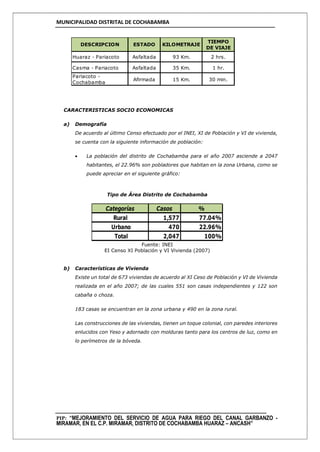 MUNICIPALIDAD DISTRITAL DE COCHABAMBA
PIP: “MEJORAMIENTO DEL SERVICIO DE AGUA PARA RIEGO DEL CANAL GARBANZO -
MIRAMAR, EN EL C.P. MIRAMAR, DISTRITO DE COCHABAMBA HUARAZ – ANCASH”
CARACTERISTICAS SOCIO ECONOMICAS
a) Demografía
De acuerdo al último Censo efectuado por el INEI, XI de Población y VI de vivienda,
se cuenta con la siguiente información de población:
 La población del distrito de Cochabamba para el año 2007 asciende a 2047
habitantes, el 22.96% son pobladores que habitan en la zona Urbana, como se
puede apreciar en el siguiente gráfico:
Tipo de Área Distrito de Cochabamba
Fuente: INEI
EI Censo XI Población y VI Vivienda (2007)
b) Características de Vivienda
Existe un total de 673 viviendas de acuerdo al XI Ceso de Población y VI de Vivienda
realizada en el año 2007; de las cuales 551 son casas independientes y 122 son
cabaña o choza.
183 casas se encuentran en la zona urbana y 490 en la zona rural.
Las construcciones de las viviendas, tienen un toque colonial, con paredes interiores
enlucidos con Yeso y adornado con molduras tanto para los centros de luz, como en
lo perímetros de la bóveda.
Huaraz - Pariacoto Asfaltada 93 Km. 2 hrs.
Casma - Pariacoto Asfaltada 35 Km. 1 hr.
Pariacoto -
Cochabamba
Afirmada 15 Km. 30 min.
DESCRIPCION ESTADO KILOMETRAJE
TIEMPO
DE VIAJE
Categorías Casos %
Rural 1,577 77.04%
Urbano 470 22.96%
Total 2,047 100%
 