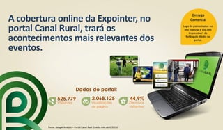 Logo do patrocinador no
site especial e 150.000
impressões* de
Retângulo Médio no
portal.
Entrega
ComercialA cobertura online da Expointer, no
portal Canal Rural, trará os
acontecimentos mais relevantes dos
eventos.
525.779
Visitantes
2.068.125
Visualizações
de página
44,9%
De novos
visitantes
Dados do portal:
Fonte: Google Analytic – Portal Canal Rual (média mês abril/2015)
 