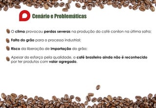 Cenário e Problemáticas
O clima provocou perdas severas na produção do café conilon na última safra;
Falta do grão para o processo industrial;
Risco da liberação de importação do grão;
Apesar do esforço pela qualidade, o café brasileiro ainda não é reconhecido
por ter produtos com valor agregado.
 