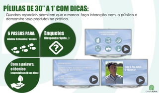 6 PASSOS PARA:
mínimo 3/máximo 7 passos
Enquetes
(Respondarápido...)
Com a palavra,
o técnico
(especialista dá sua dica)
PÍLULAS DE 30” A 1’ COM DICAS:
Quadros especiais permitem que a marca faça interação com o público e
demonstre seus produtos na prática.
 