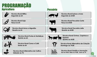 Técnica Rural Arroz e Algodão
Quarta as 6h
Técnica Rural Soja
Terça as 6h
PROGRAMAÇÃO
Agricultura
Técnica Rural Milho
Segunda as 6h
Técnica Rural Frutas & Hortaliças
Quinta as 6h
Técnica Rural Cana e Café
Sexta as 6h
Técnica Rural Pecuária Leite
Quarta as 6h30
Técnica Rural Pecuária Corte
Terça as 6h30
Técnica Rural Suínos e Aves
Segunda as 6h30
Técnica Rural Ovinos, Caprinos e
Equinos
Quinta as 6h30
Técnica Rural Gestão e Inovação
Qui as 6h30, Sábo as 7h30, Dom as 7h
Pecuária
Técnica Rural Alternativa de Criação
Domingo as 7h30
Técnica Rural Alternativa de Cultivo
Sábado as 7h
 