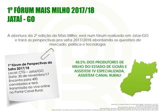 1º FÓRUM MAIS MILHO 2017/18
JATAÍ - GO
A abertura da 2ª edição do Mais Milho, será num fórum realizado em Jataí-GO
e trará as perspectivas pra safra 2017/2018 abordando as questões de
mercado, política e tecnologia.
Referência: 7a Pesquisa Hábitos do Produtor Rural ABMRA – FNP/Informa – Ano 2017.
Base absoluta da pesquisa: 2835 (100%)
Base ponderada – Afirmaram que assistem TV especializada: 1542 (54%)
Base ponderada – Afirmaram que assistiram Canal Rural de Seg. a Sex. nos últimos 30 dias: 1145 (74,26%)
Base ponderada – Por estado/Cultura e que afirmaram que assistiram Canal Rural de Seg. a Sex. nos últimos 30 dias – MILHO: GO (22), MT (10), MS (7), MG (39), PR (96), RS (26), SC (18), SP (24).
48,5% DOS PRODUTORES DE
MILHO DO ESTADO DE GOIÁS E
ASSISTEM TV ESPECIALIZADA,
ASSISTEM CANAL RURAL!
 