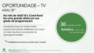 30inserções de 30”
Rotativo – 6h as 24h
No mês de Abril
No mês de Abril/18 o Canal Rural
faz uma grande oferta em sua
grade de programação!
Comerciais avulsos em horário rotativo
proporcionam grande visibilidade à sua marca,
no maior veículo de comunicação do
agronegócio brasileiro.
OPORTUNIDADE – TV
Mídia 30”
Possibilidade de encaixes em horário nobre. Consulte!
OBS: Tabela vigente – Out/17| Pagamento – 15 DFM
Proposta válida somente para fechamento até 15/04/2018 Valores, tabela e descontos aplicados somente nessa proposta, não permanecendo no histórico do cliente.
Sujeito a disponibilidade de estoque.
Oferta especial sem troca negociação para propostas em vigor.
 