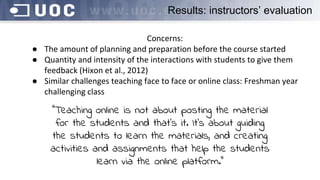 Concerns:
● The amount of planning and preparation before the course started
● Quantity and intensity of the interactions with students to give them
feedback (Hixon et al., 2012)
● Similar challenges teaching face to face or online class: Freshman year
challenging class
Results: instructors’ evaluation
"Teaching online is not about posting the material
for the students and that’s it. It’s about guiding
the students to learn the materials, and creating
activities and assignments that help the students
learn via the online platform.”
 